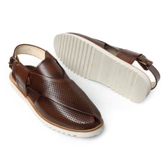 Men's Brown Leather High Shine Sandal White Sole