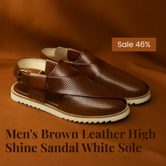 Men's Brown Leather High Shine Sandal White Sole